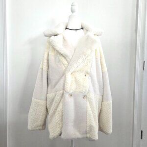 Forever 21 Cream Patchwork Faux Fur‎ Coat Men's Large Mob Wife Winter Cozy White